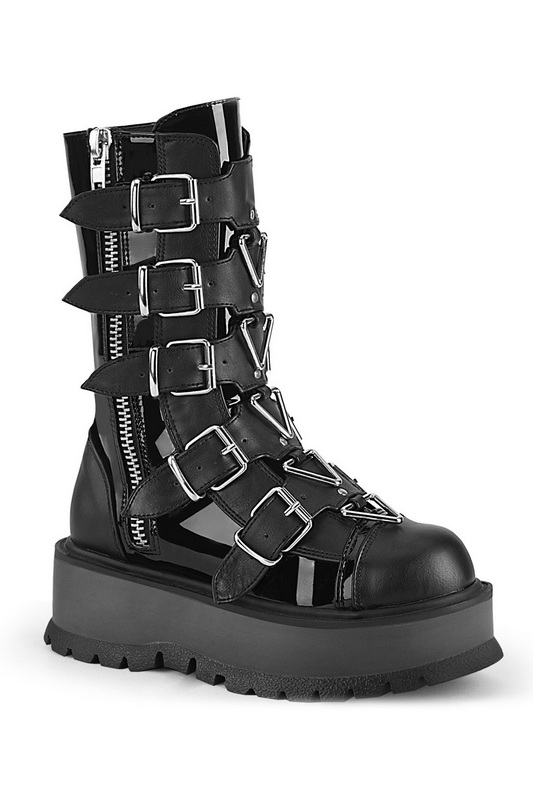 Black Patent & Vegan Leather 2" Platform Lace Up Mid Calf Boot