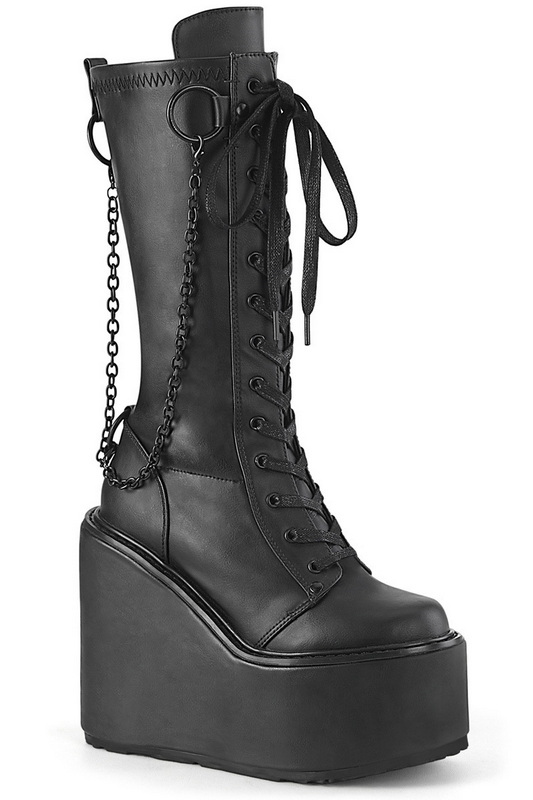 Black Stretch Vegan Leather 5 1/2" Wedge Platform Knee High Boot