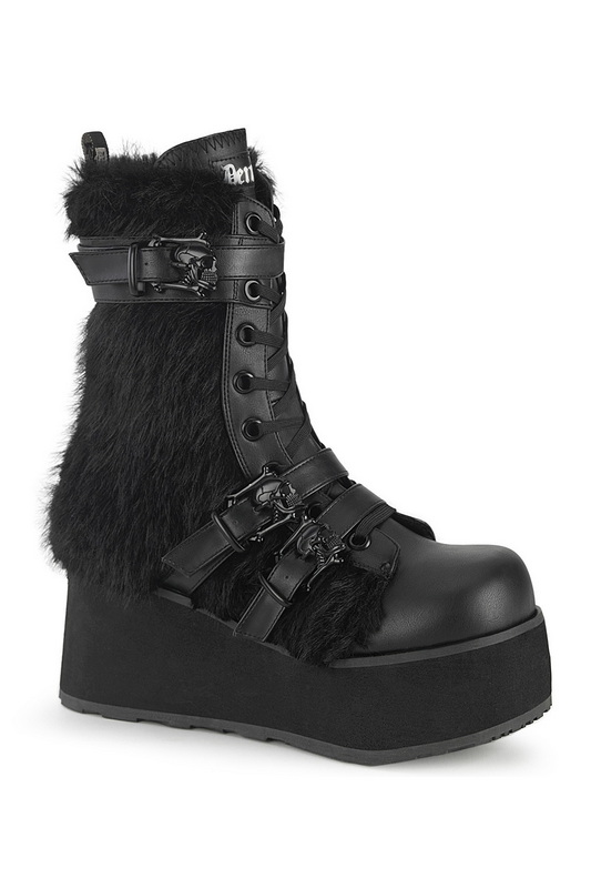 Black Vegan Leather & Fur Mid Calf Lace Up Boot