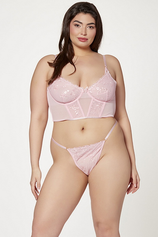 Plus Size Pink Floral Cropped Bustier & G-String