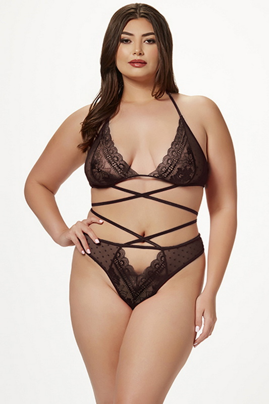 Plus Size Black Lace & Mesh Criss Cross Bralette & Panty