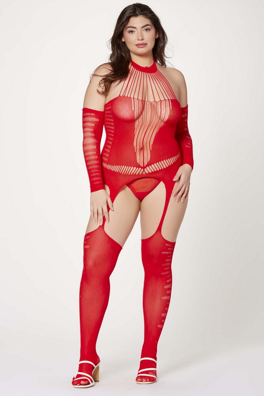 Plus Size Red Off The Shoulder Suspender Bodystocking