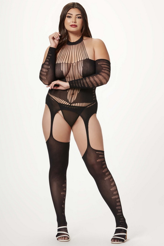 Plus Size Black Off The Shoulder Suspender Bodystocking