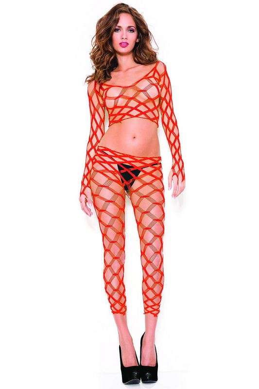 Red Spandex Multi Fence Net Cami Set