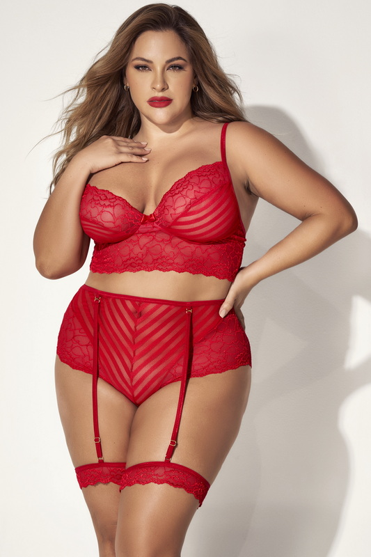 Plus Size Set The Tone Red Lace Gartered Set