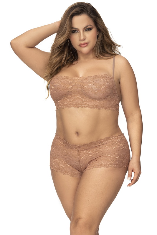 Plus Size Taupe Two Piece Lace Bralette & Boy Short image 1