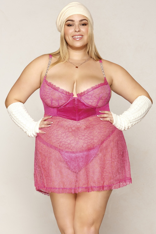Plus Size Peony Pink Eyelash Lace Lingerie Babydoll image 2