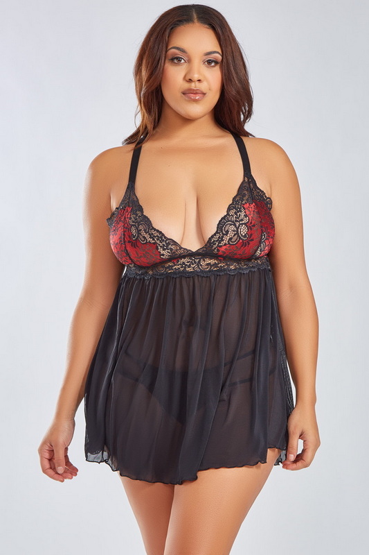 Plus Size Red & Black Lace Natalia Lingerie Babydoll