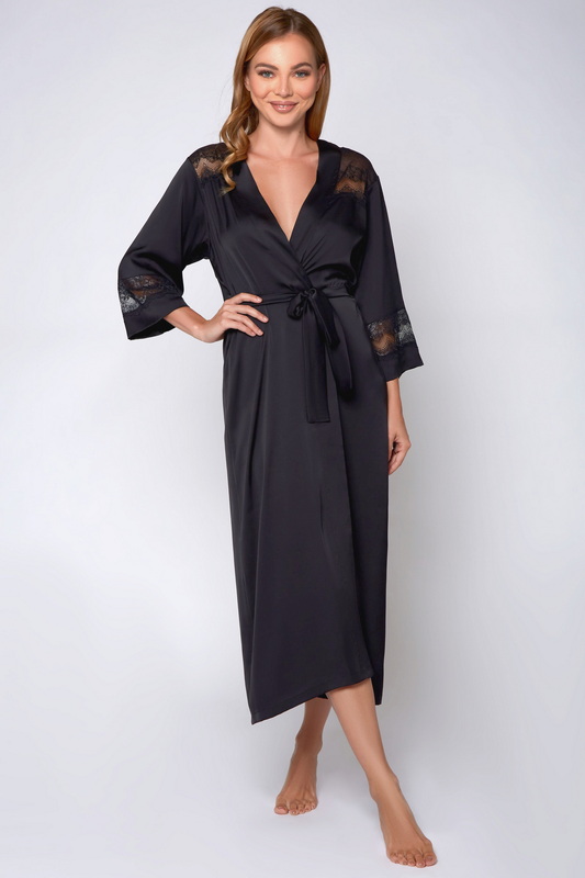 Tess's Long Black Satin Lingerie Robe