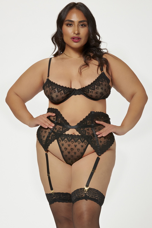 Plus Size Black Sacred Heart Mesh Bra, Garterbelt, and G-String