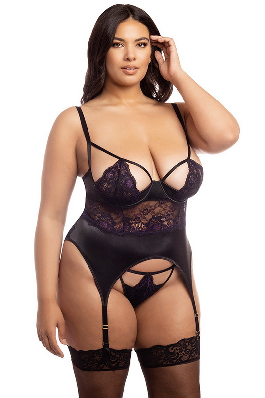 Plus Size Black Heliotrope Merry Widow Bustier & Panty image 1