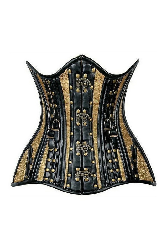 Top Drawer Faux Leather & Gold Brocade Steel Boned Under Bust Corset