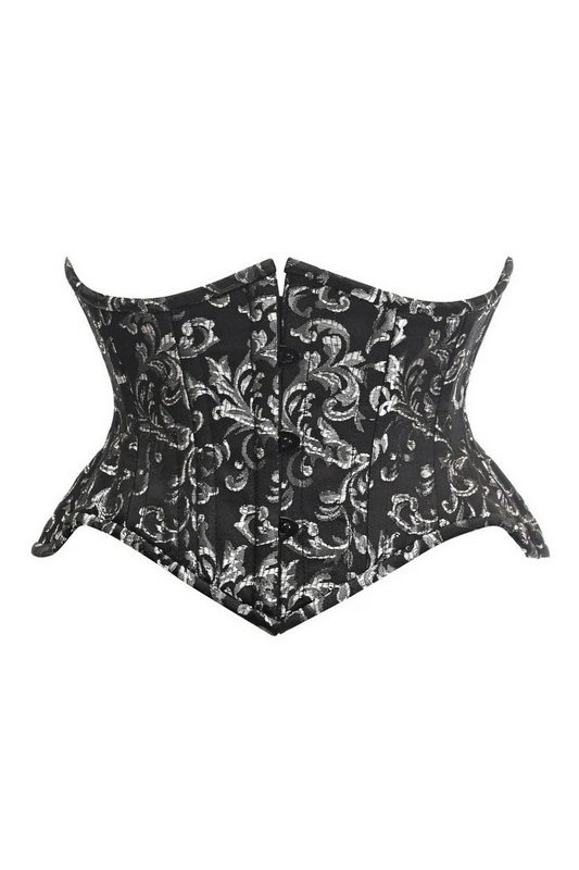 Plus Size Top Drawer Black & Silver Brocade Double Steel Boned Mini Cincher Corset