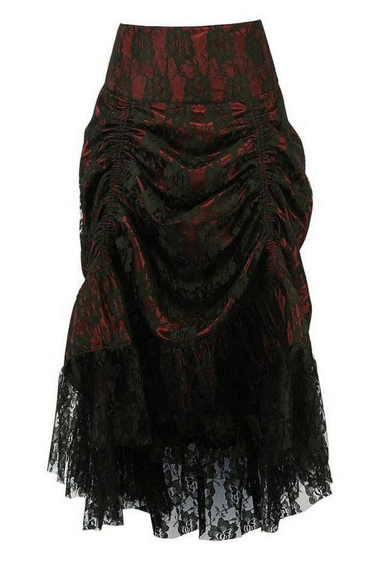 Plus Size Red & Black Lace Overlay Ruched Bustle Skirt