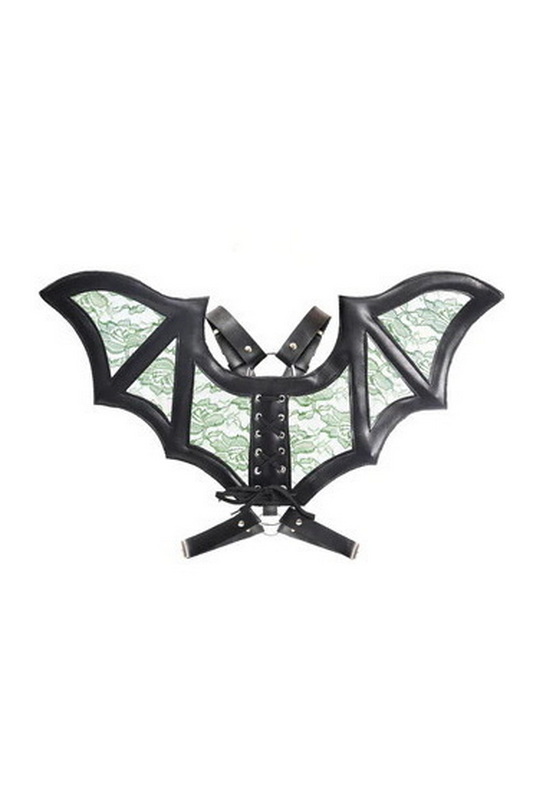 Plus Size Black & Green Faux Leather & Lace Wing Body Harness