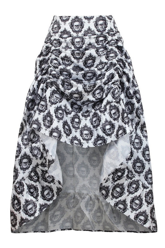 White & Black Skull Satin Adjustable High Low Skirt