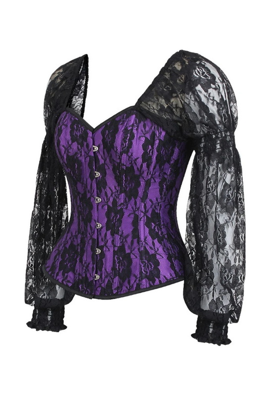 Top Drawer Purple & Black Lace Steel Boned Long Sleeve Corset image 1