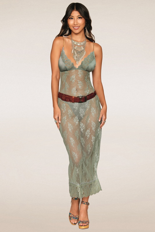 Sage Satin Maxi Lingerie Chemise & G-String image 2