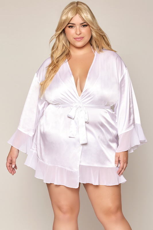 Plus Size White Matte Satin Bralette & Lingerie Robe Set image 3