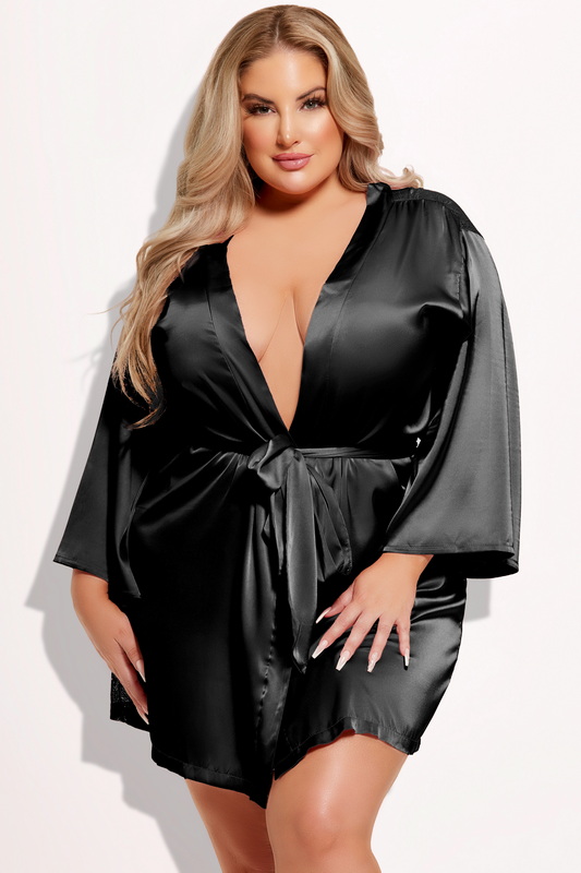Plus Size Black Helena Satin & Lace Lingerie Robe