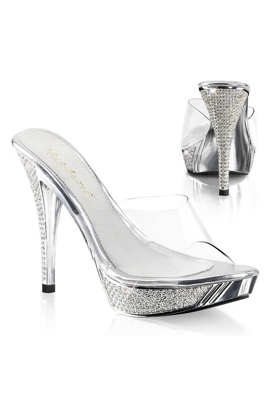 Clear & Silver 4 1/2" Heel Rhinestone Platform Slide