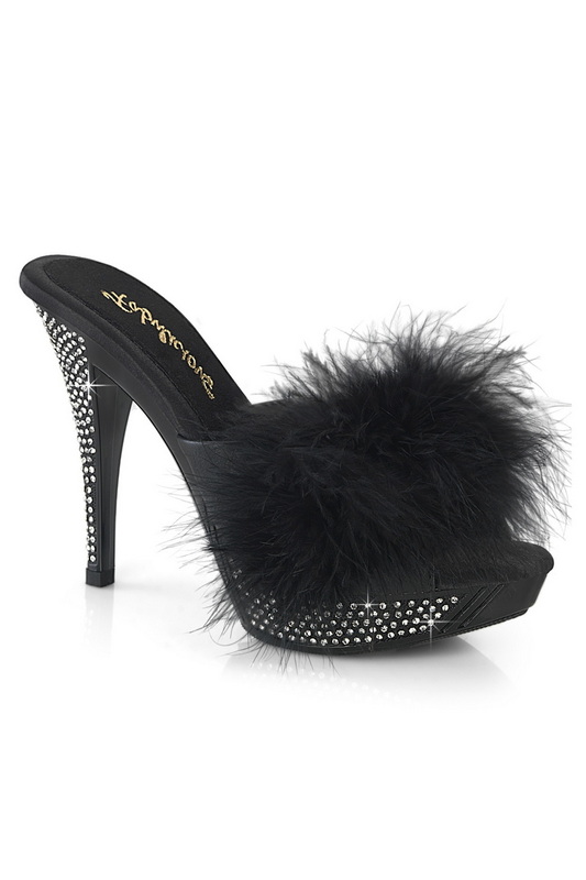 Black Faux Leather 4 1/2" Heel Marabou Slide