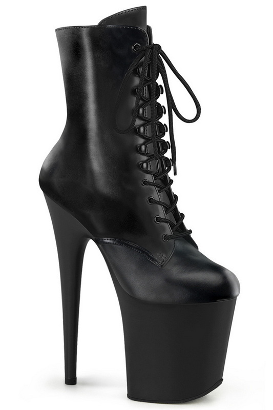 8" Heel Black Faux Leather Lace Up Front Ankle Boots