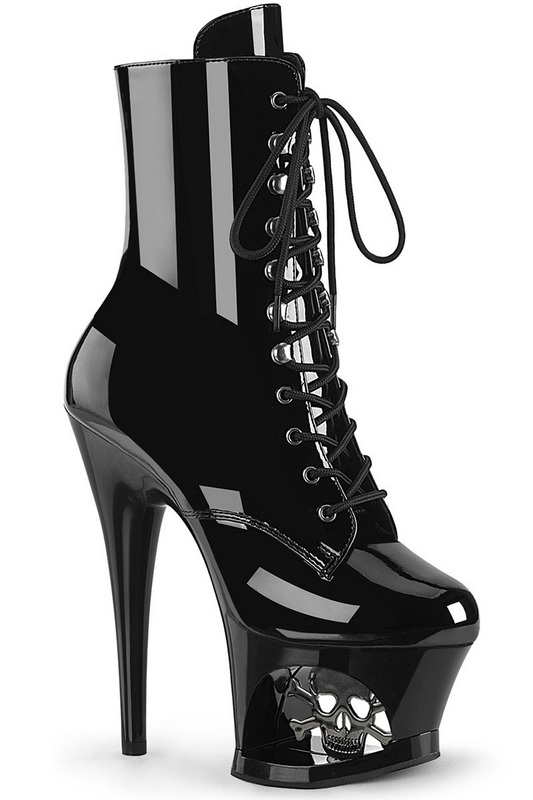 Black Patent 7" Skull Dome Ankle Boot