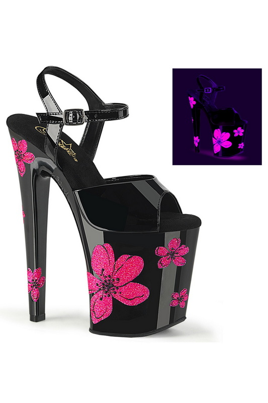 8" Black & Neon Pink Blacklight Ankle Strap Sandal