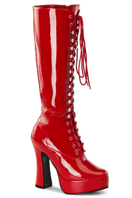 Red Patent 5" Stack Heel Lace Up Boot