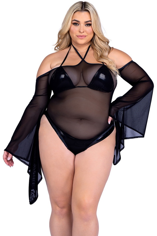 Plus Size Magical Black Sheer Mesh Bell Sleeved Romper
