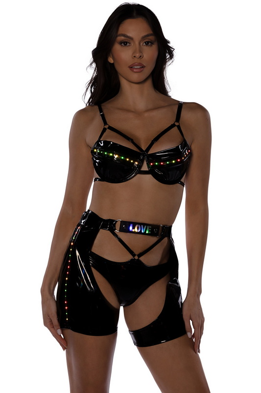 Enticing Black Vinyl Light-Up Bra Set image 2