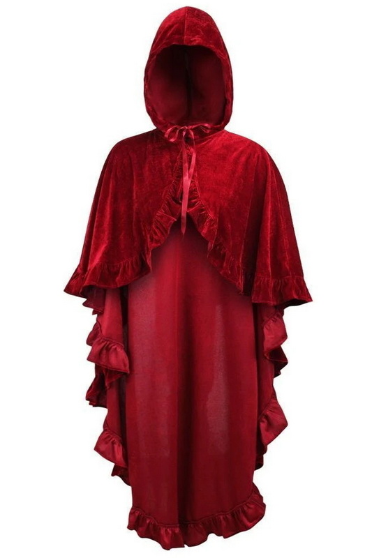 Dark Red Velvet Hooded Ruffle Cape