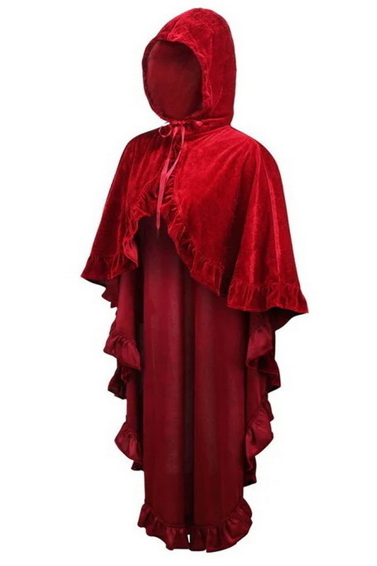 Dark Red Velvet Hooded Ruffle Cape image 1