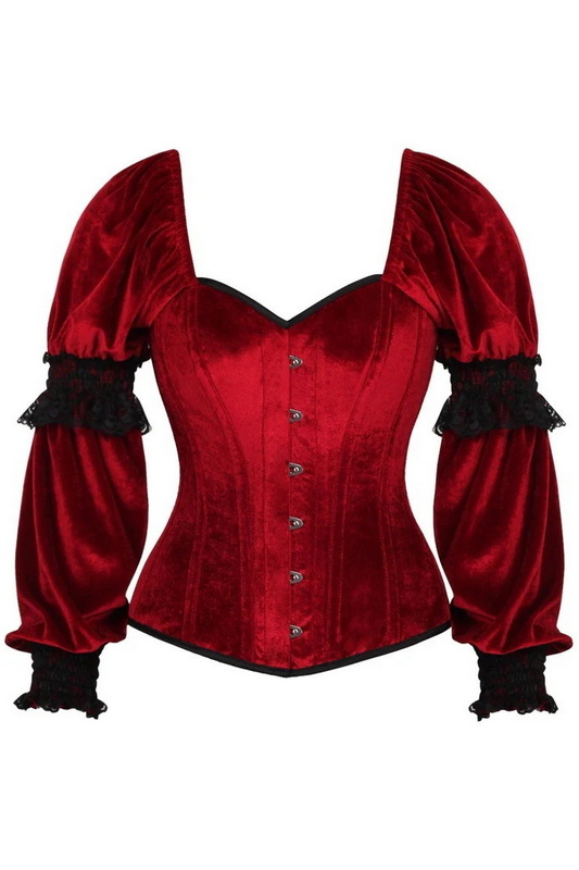 Top Drawer Dark Red Velvet Steel Boned Long Sleeve Corset