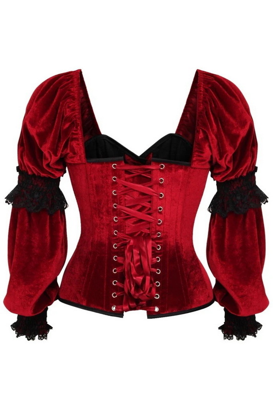 Top Drawer Dark Red Velvet Steel Boned Long Sleeve Corset image 2