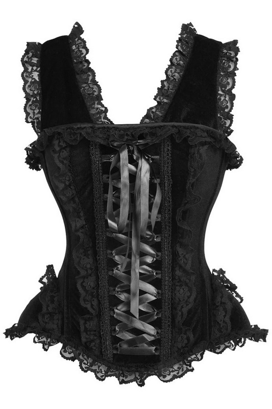 Plus Size Top Drawer Black Velvet & Lace Steel Boned Corset