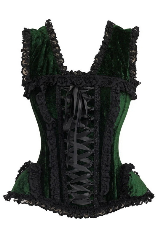 Top Drawer Dark Green Velvet & Lace Steel Boned Corset