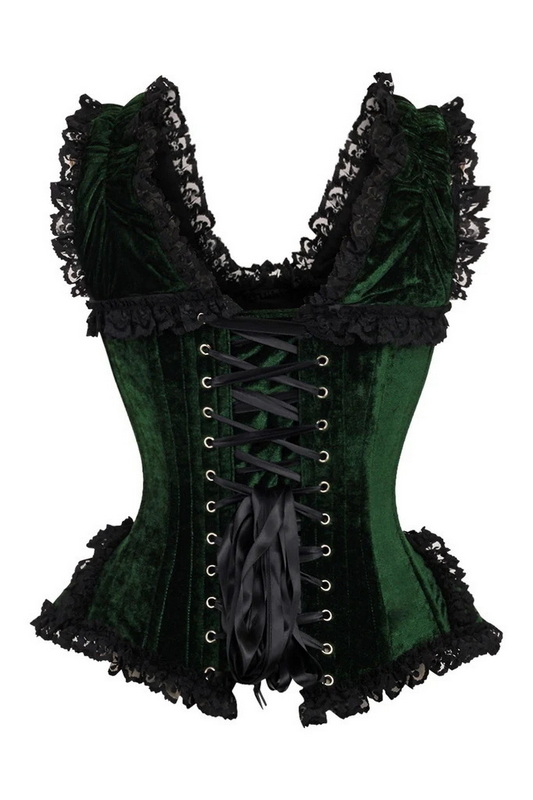 Top Drawer Dark Green Velvet & Lace Steel Boned Corset image 2