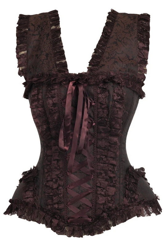 Top Drawer Brown Swirl Brocade & Lace Steel Boned Corset