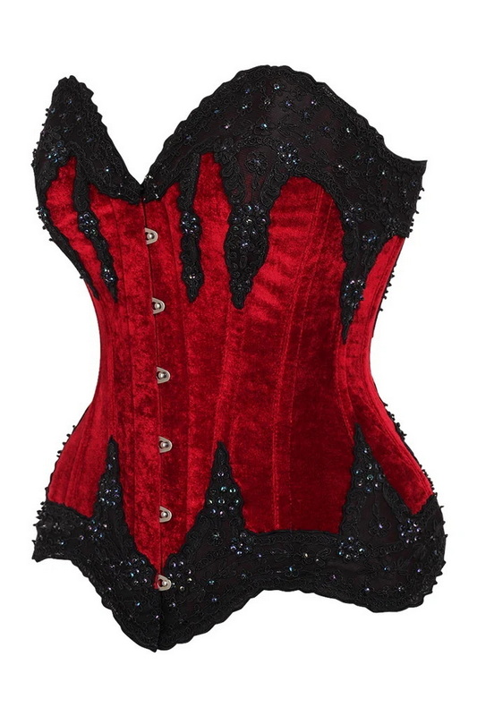 Plus Size Top Drawer Dark Red Velvet & Beaded Overbust Corset image 1