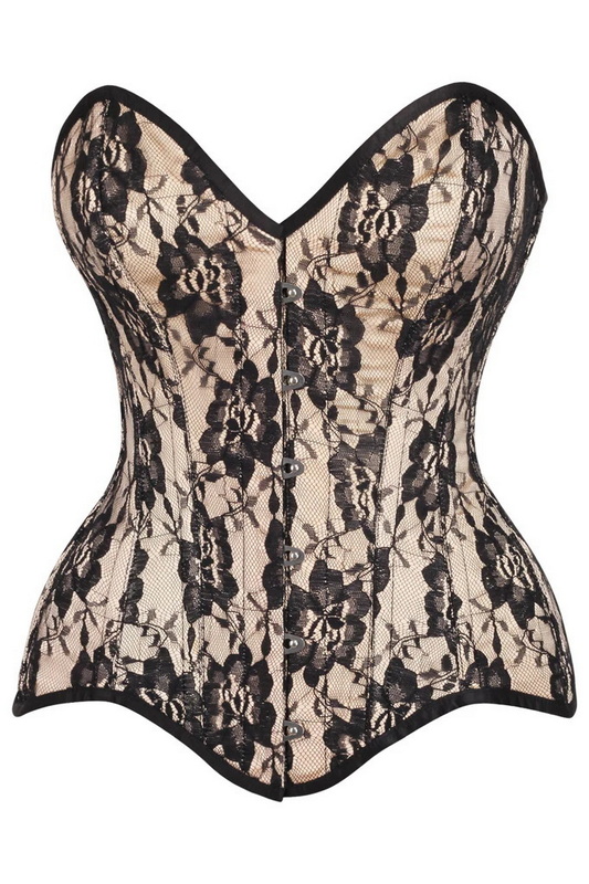 Plus Size Top Drawer Nude Satin & Black Lace Overbust Corset image 2