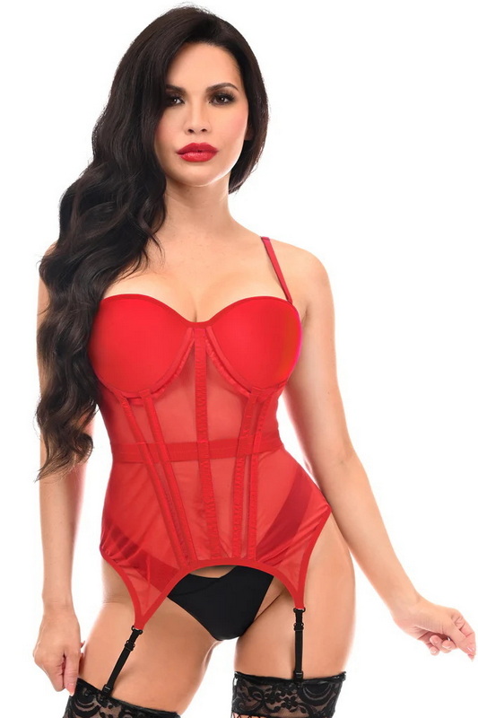Lavish Red Mesh Gartered Bustier Corset image 1