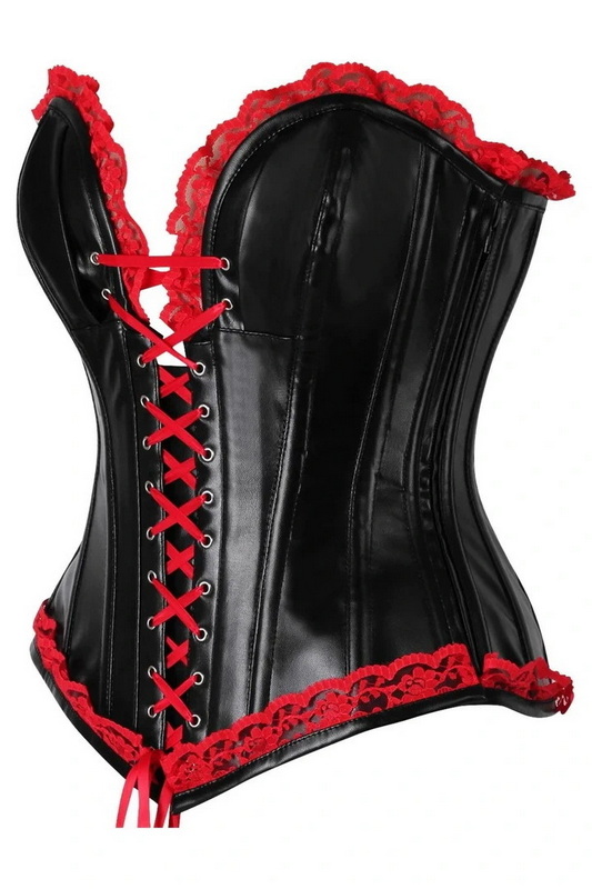 Plus Size Top Drawer Black Faux Leather & Red Lace Trim Corset image 1