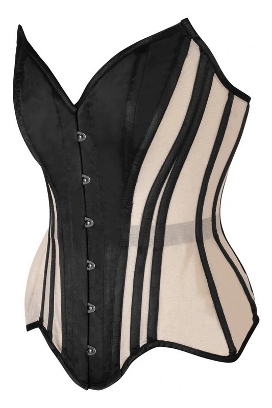 Plus Size Top Drawer Nude Mesh & Black Satin Overbust Corset image 1