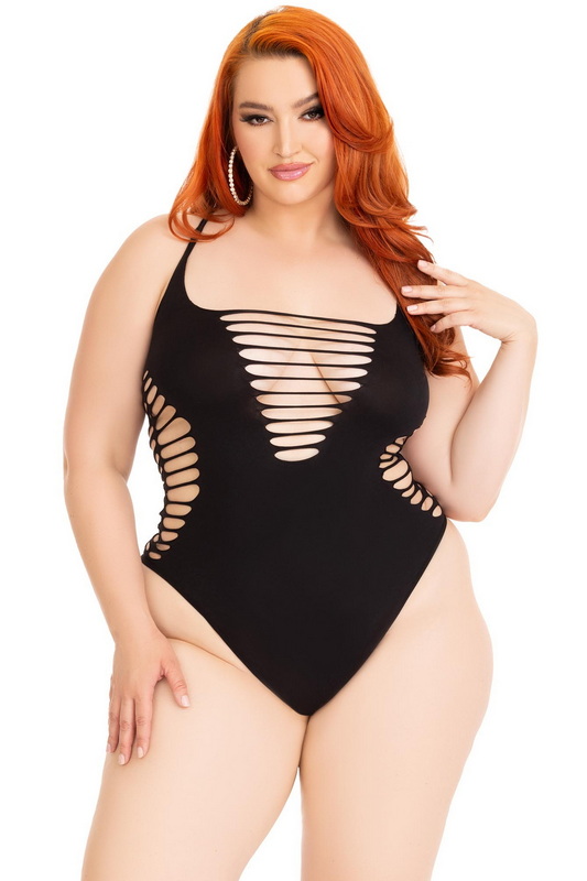 Plus Size Black Seamless Opaque Shredded Lingerie Teddy