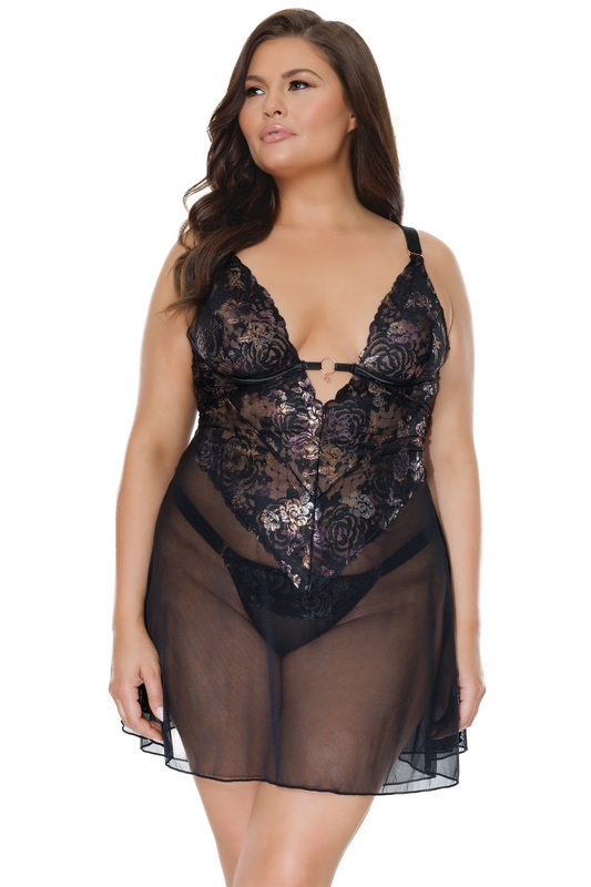 Plus Size Black Rose Plunging Lingerie Babydoll Set image 1