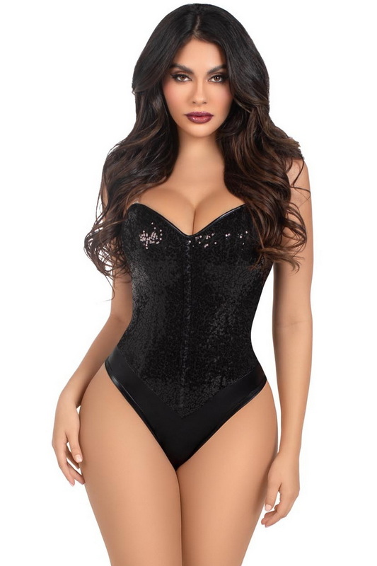 Black Sequined Snap Crotch Bodysuit