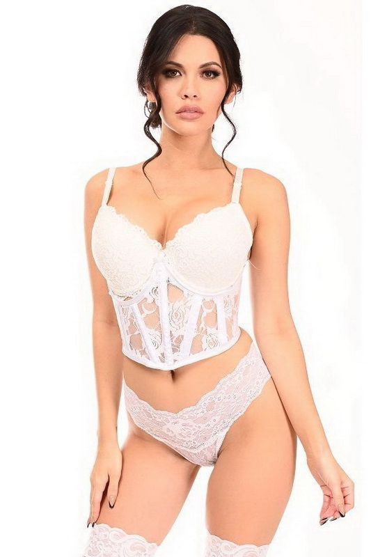 Plus Size Lavish White Sheer Lace Underwire Underbust Corset Set Blowout Deal