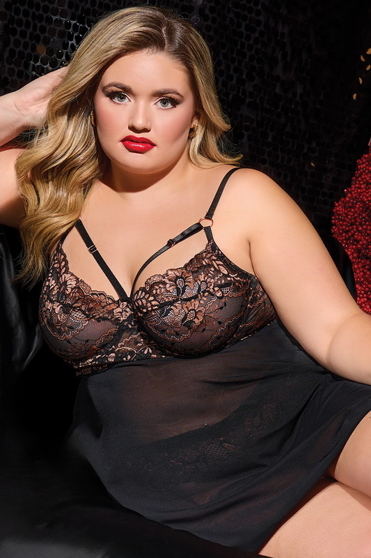 Plus Size Rose Gold & Black Lace Babydoll